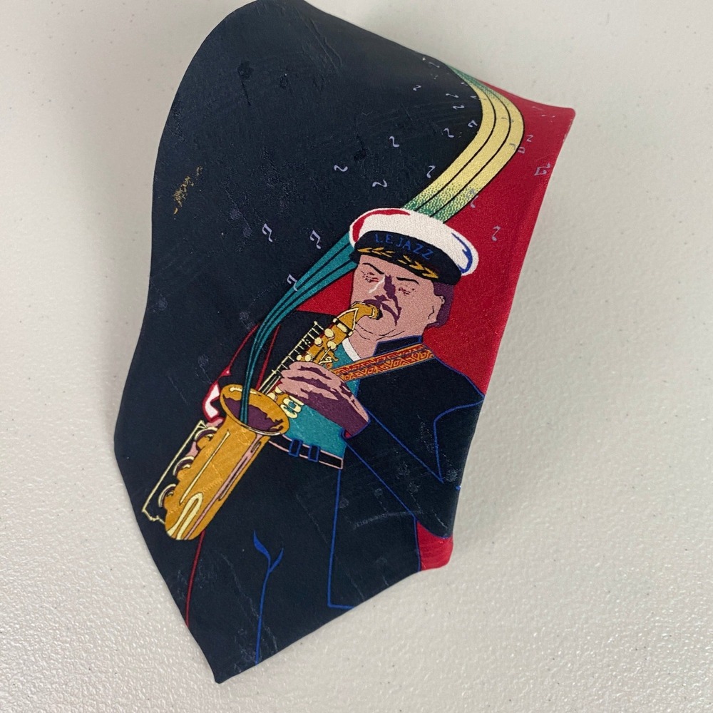 VTG Je Suis Jazz Saxophone Musician Tie Mens OS Red Black Silk Graphic Music